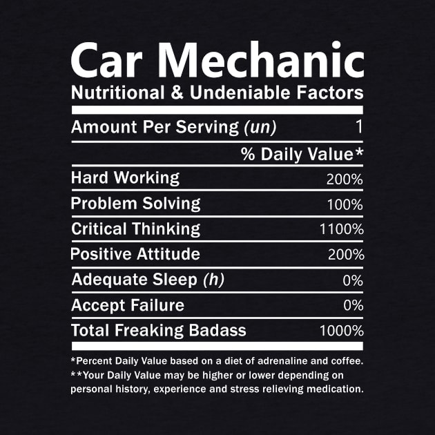 Car Mechanic T Shirt - Nutritional and Undeniable Factors Gift Item Tee by Ryalgi